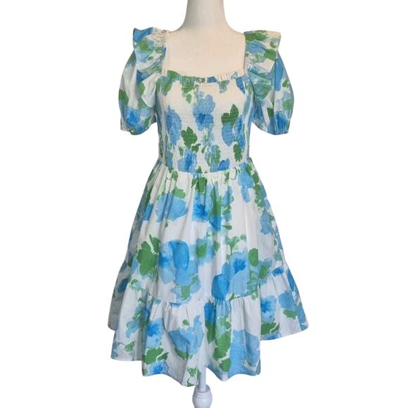 New Anthropologie Sugarlips Smocked Pullover White Blue Green Dress Medium - Picture 1 of 7